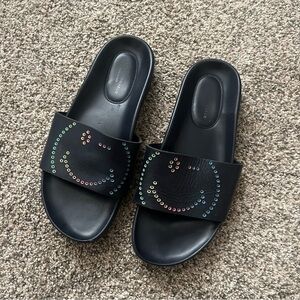 Anya Hindmarch navy blue leather smiley slides size 39